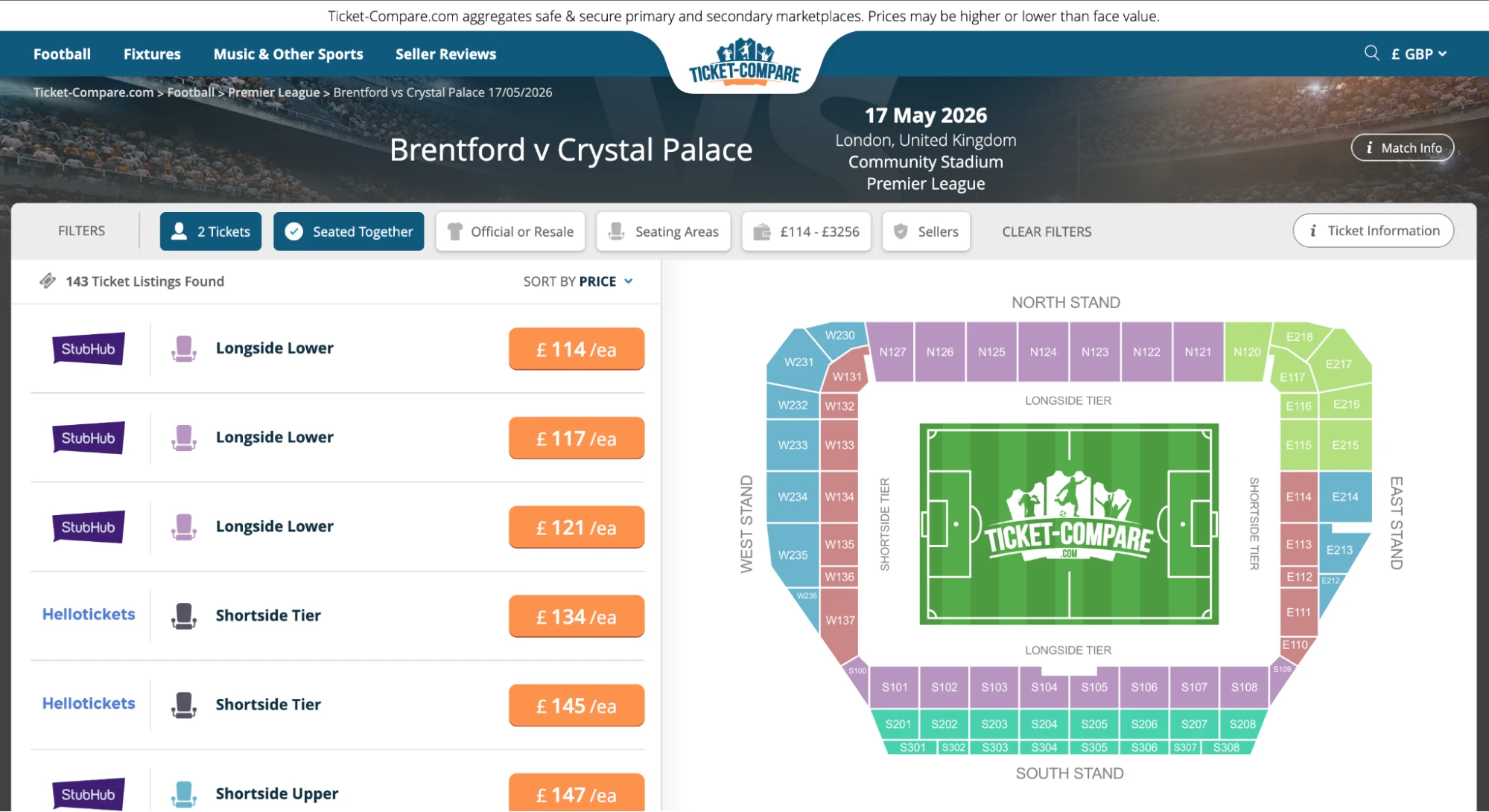 Screenshot of Brentford v Crystal Palace tickets page
