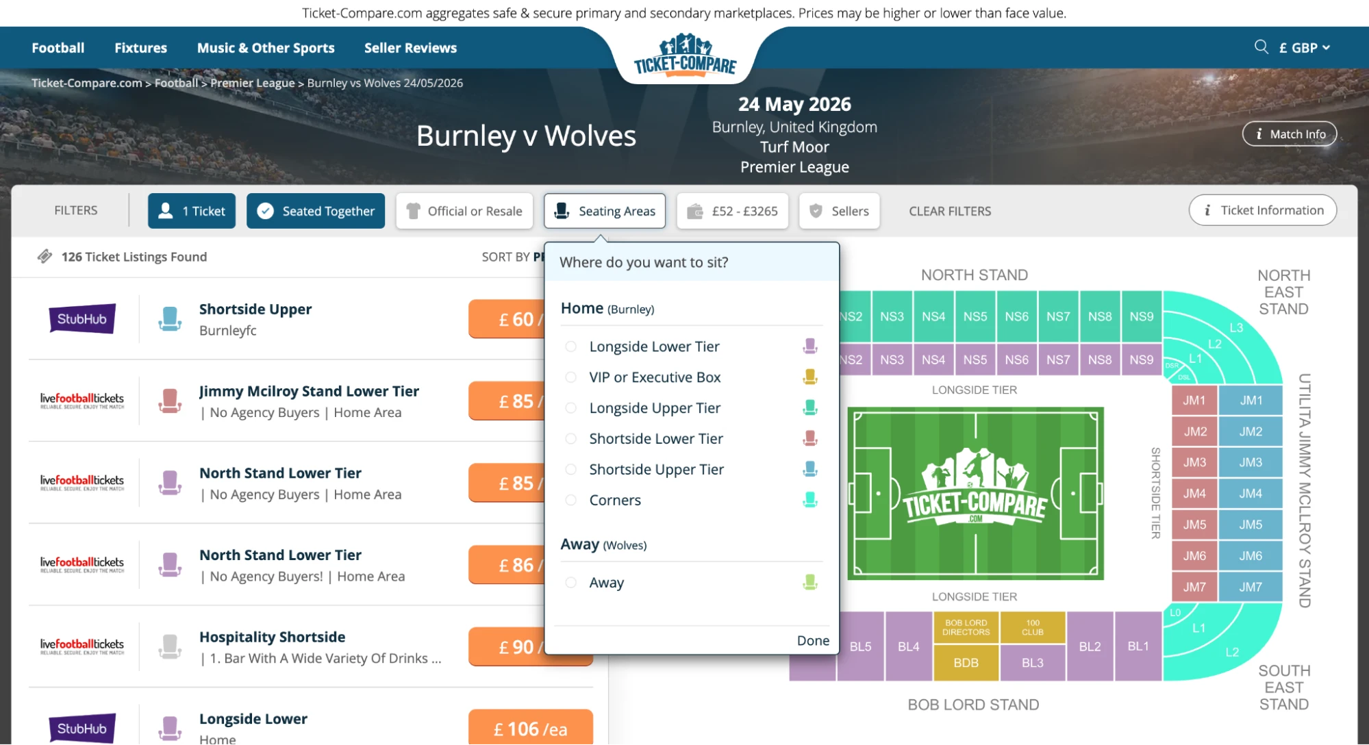 Skärmdump av Burnley v Wolves biljettsida
