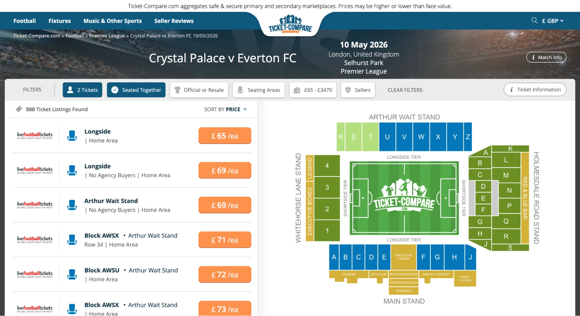 Screenshot of Crystal Palace v Everton FC tickets page