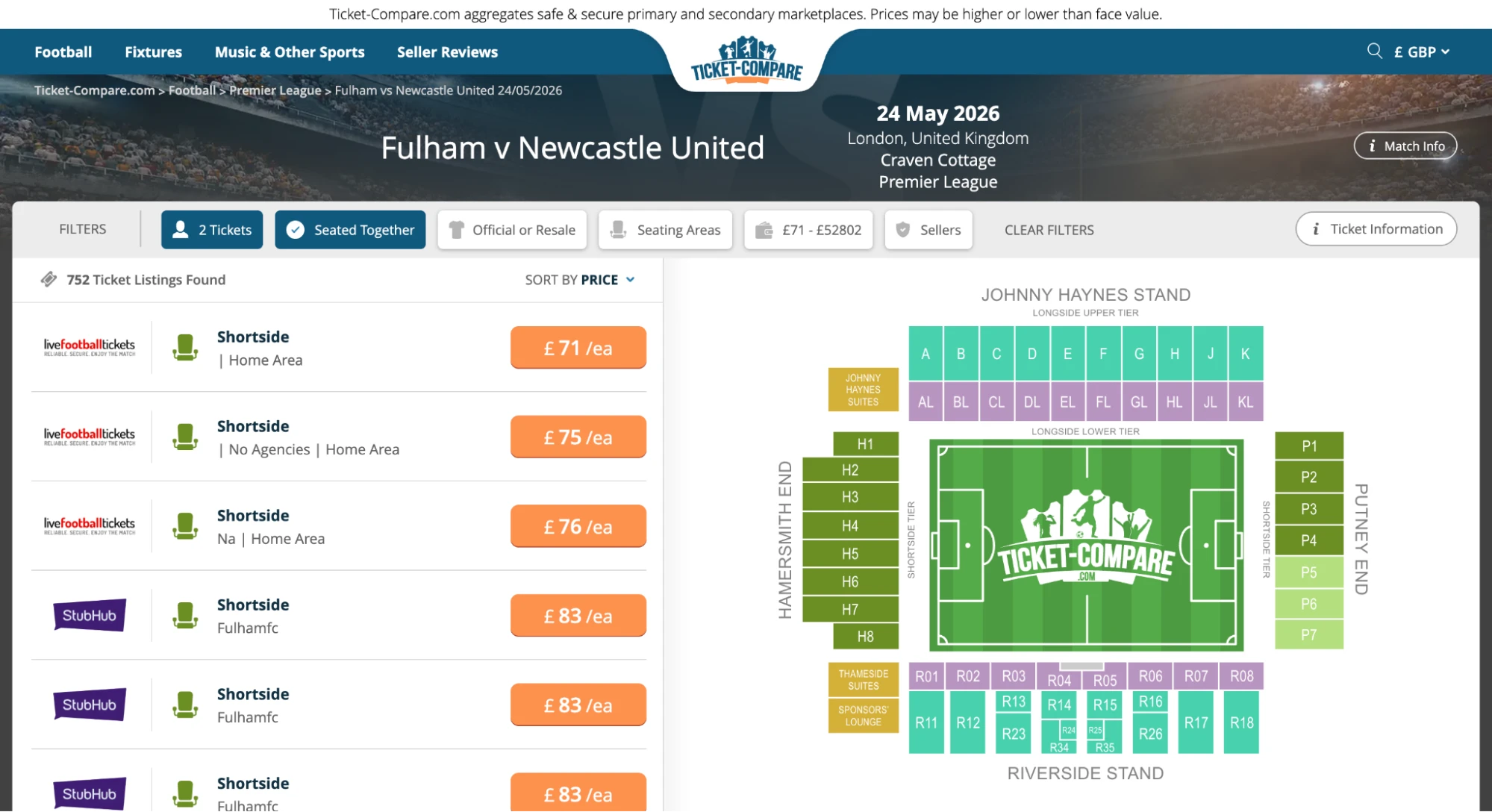 Screenshot of Fulham v Newcastle Untited tickets page