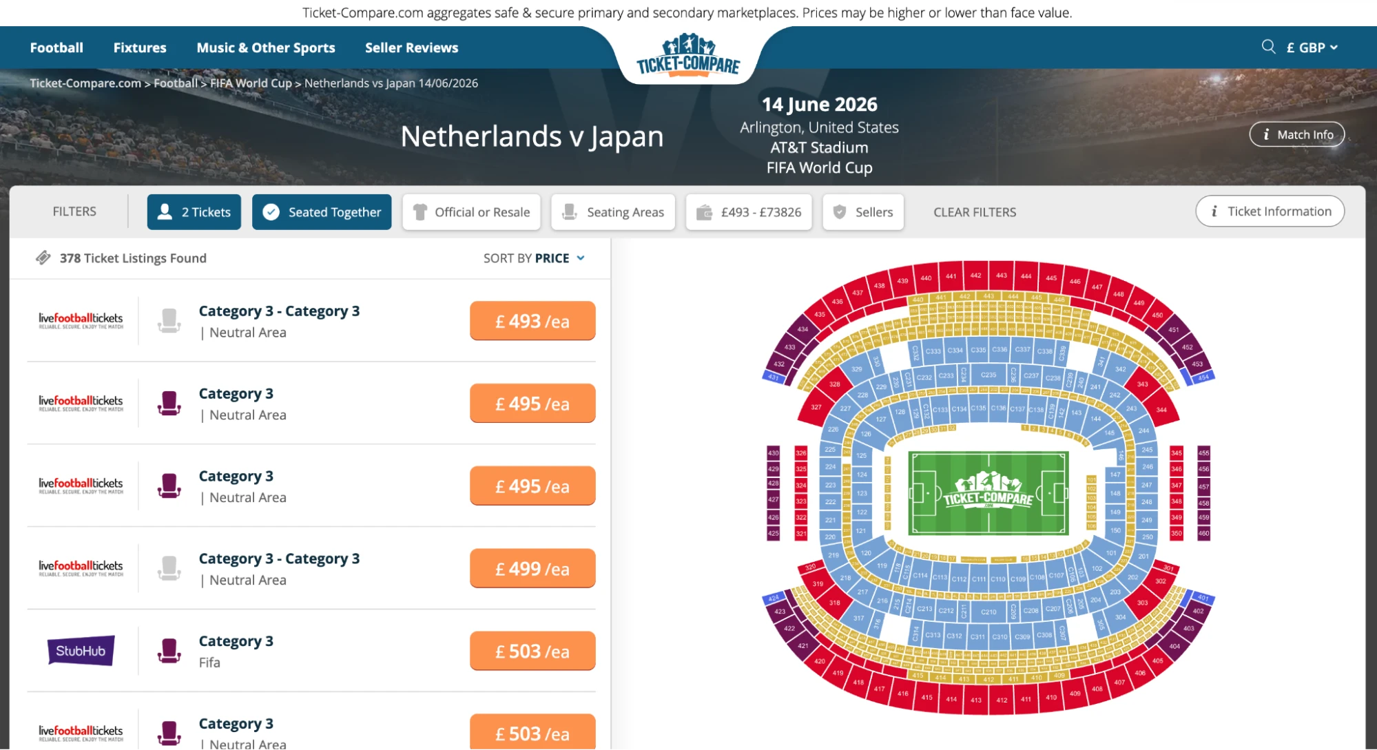 Screenshot of Netherlands v Japan tickets page