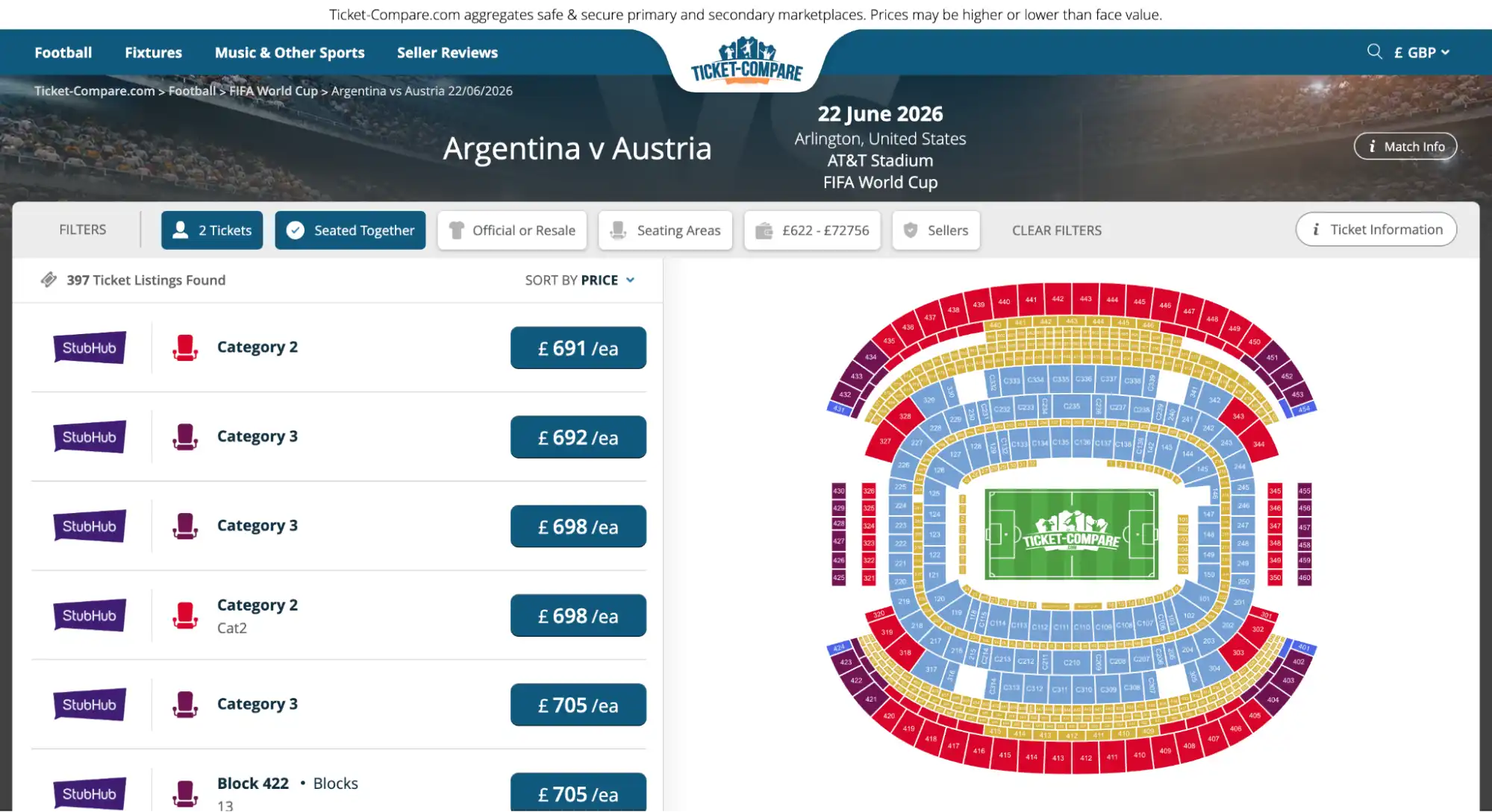 Skärmdump Argentina vs Österrike biljettsida