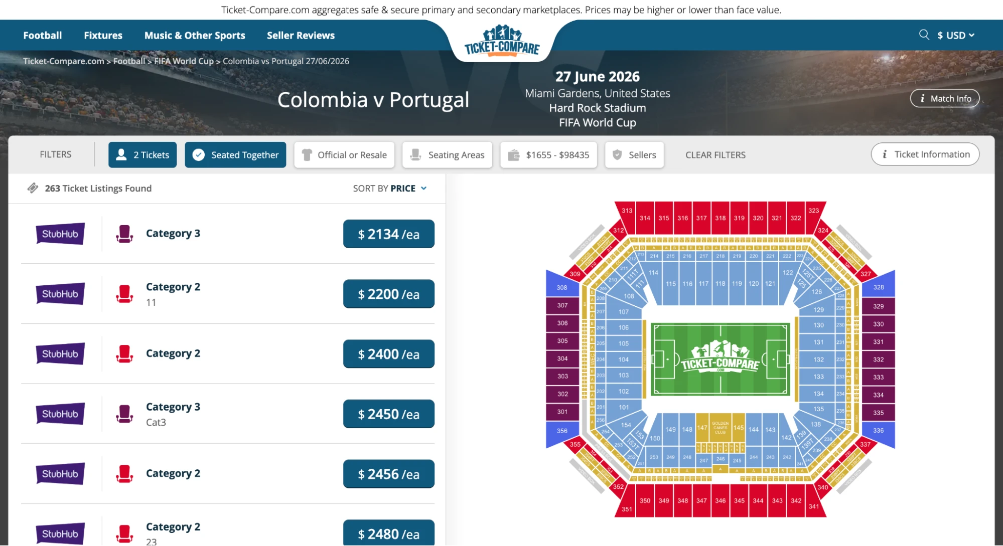 screenshot av Colombia vs Portugal matchbiljettsida