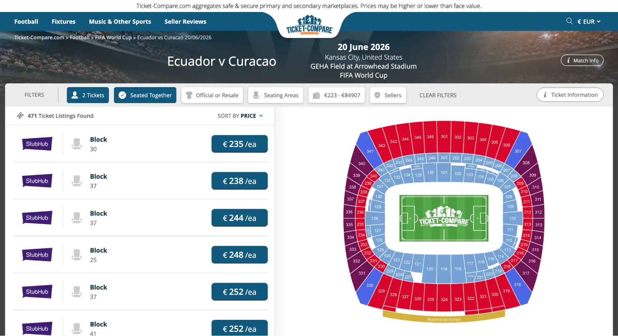 screenshot of Ecuador vs Curacao match tickets page