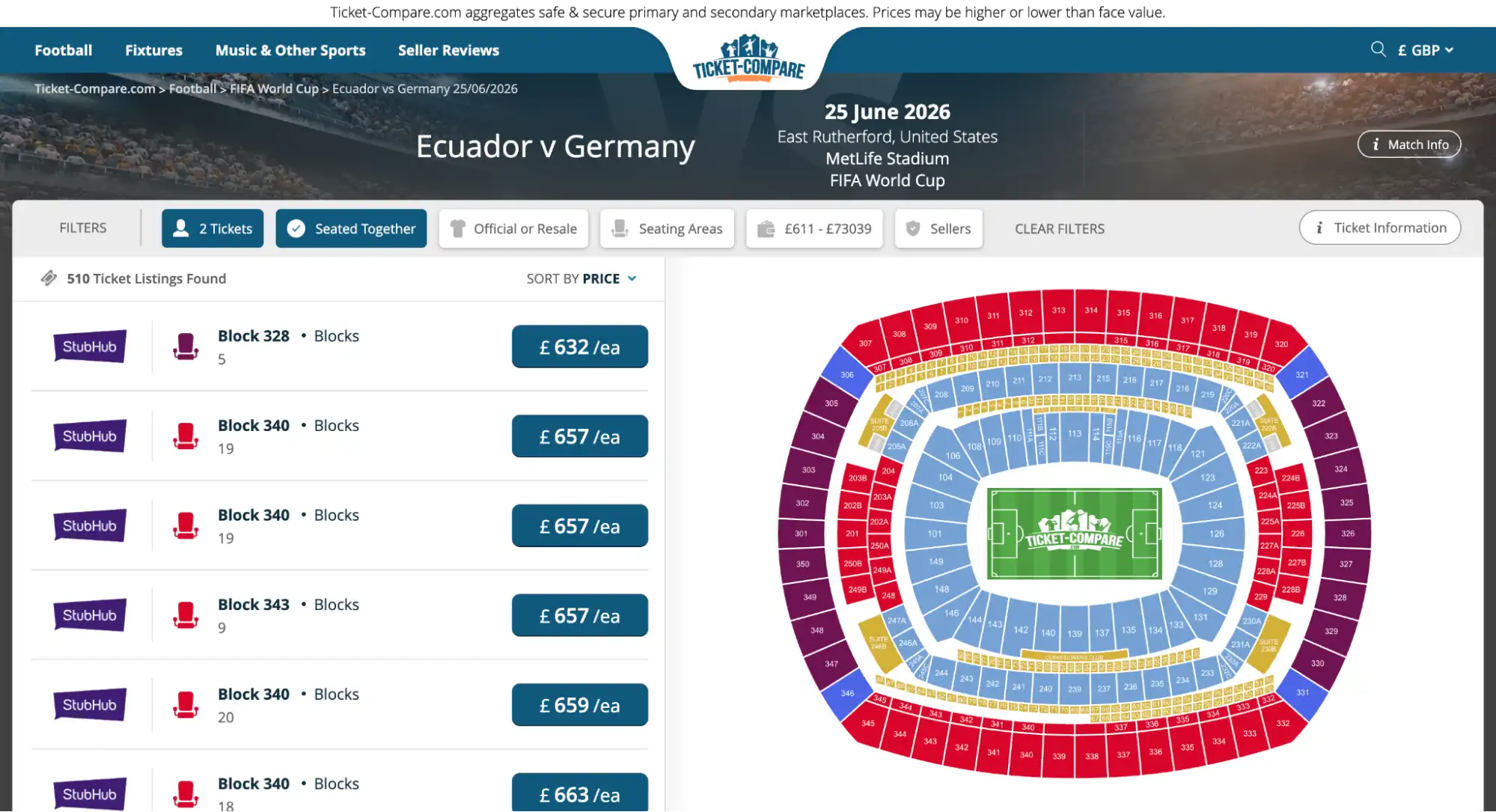 screenshot of Ecuador vs Germany match tickets page on ticket-compare.com