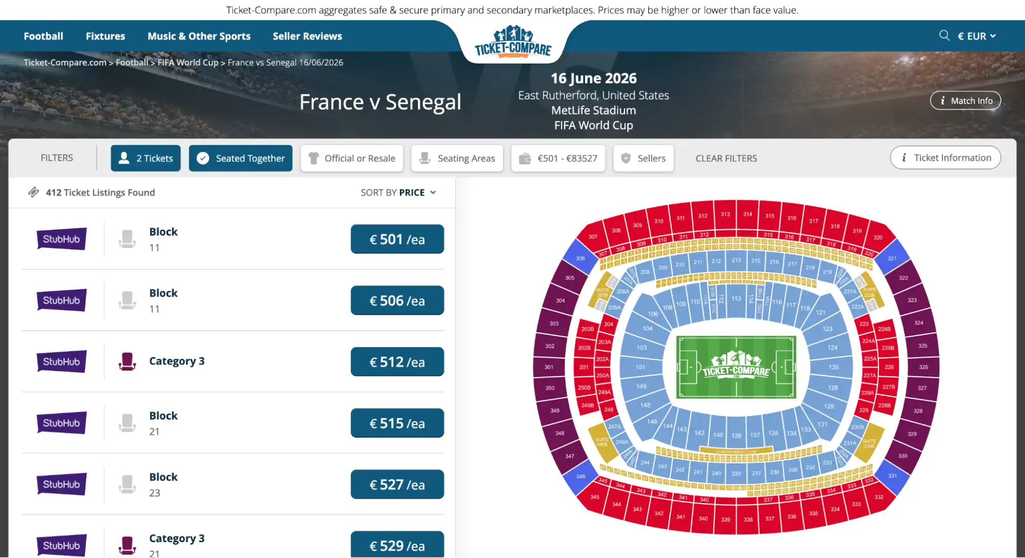 screenshot av Frankrike vs Senegal matchbiljettsida