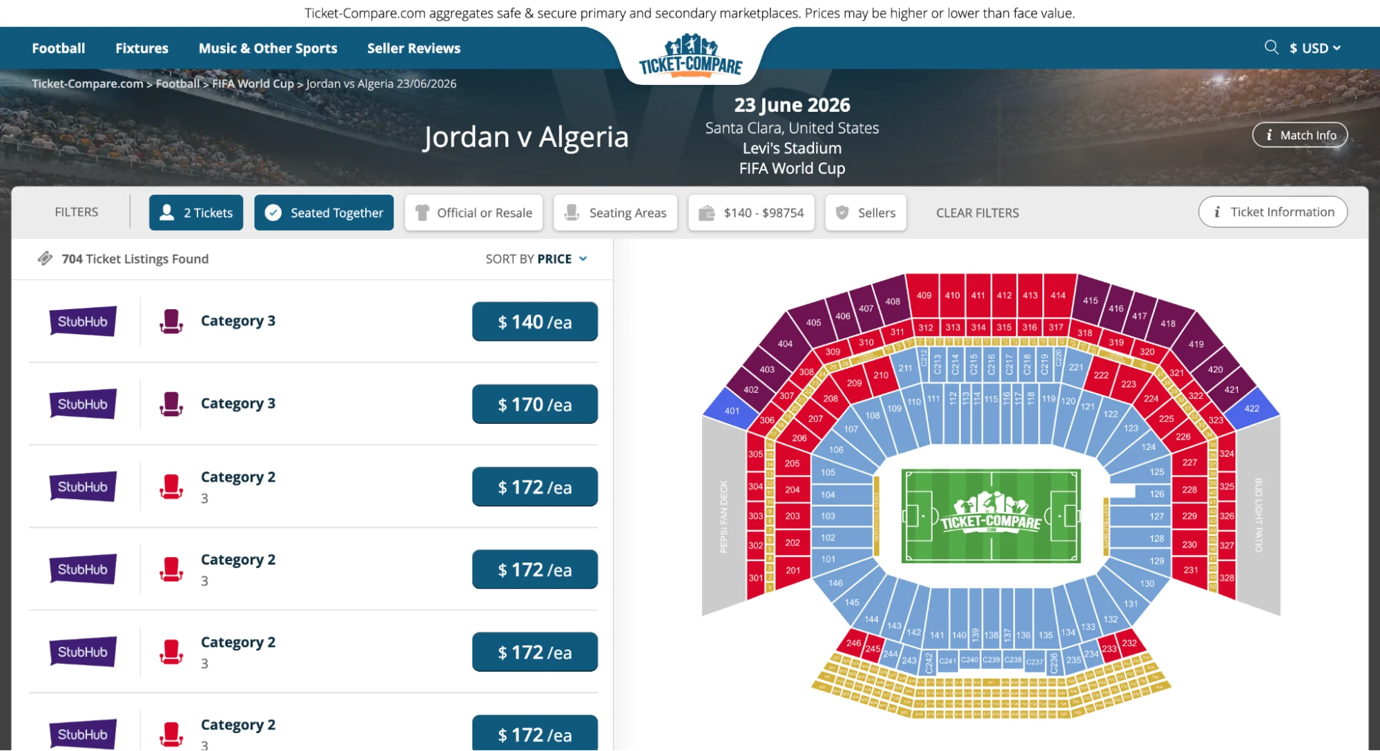 Skärmdump av Jordanien-Algeriet matchbiljettsida