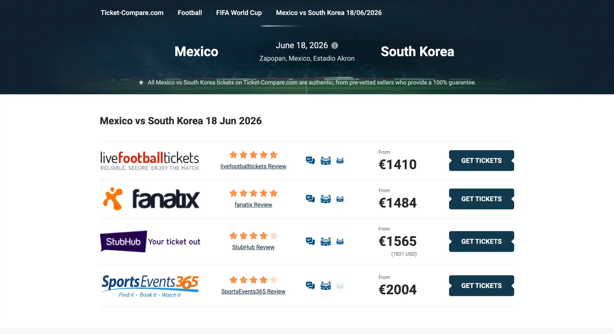 screenshot of Mexico vs South Korea match tickets page