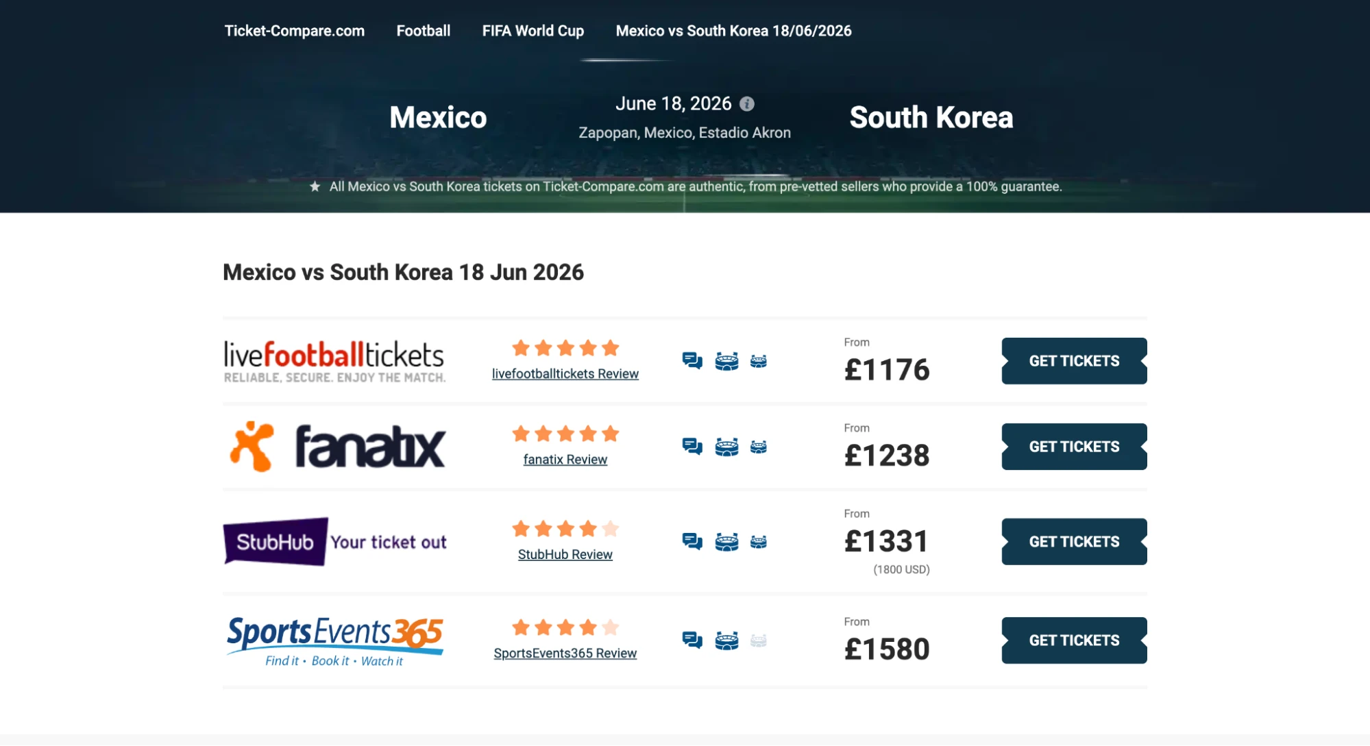 screenshot av sidan Mexiko vs Sydkorea-biljetter