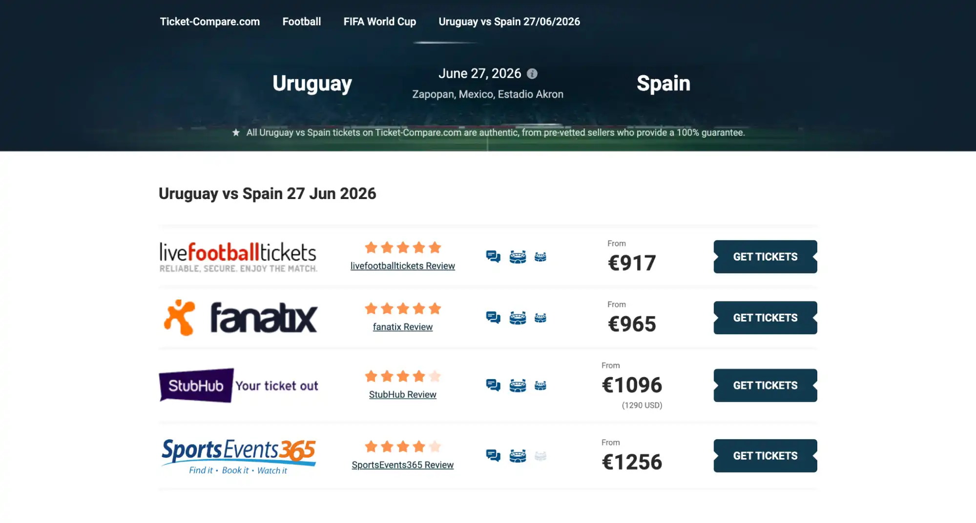 screenshot av Uruguay vs Spanienbiljettsidan