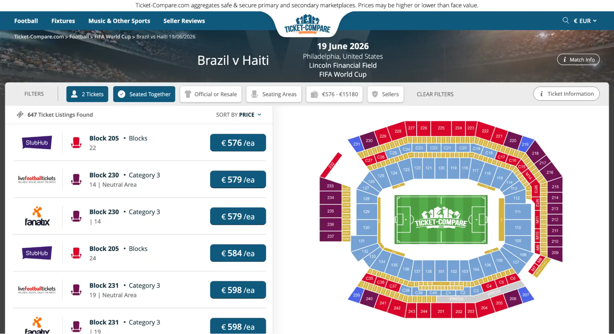 screenshot av Brasilien vs Haiti-biljettsidan