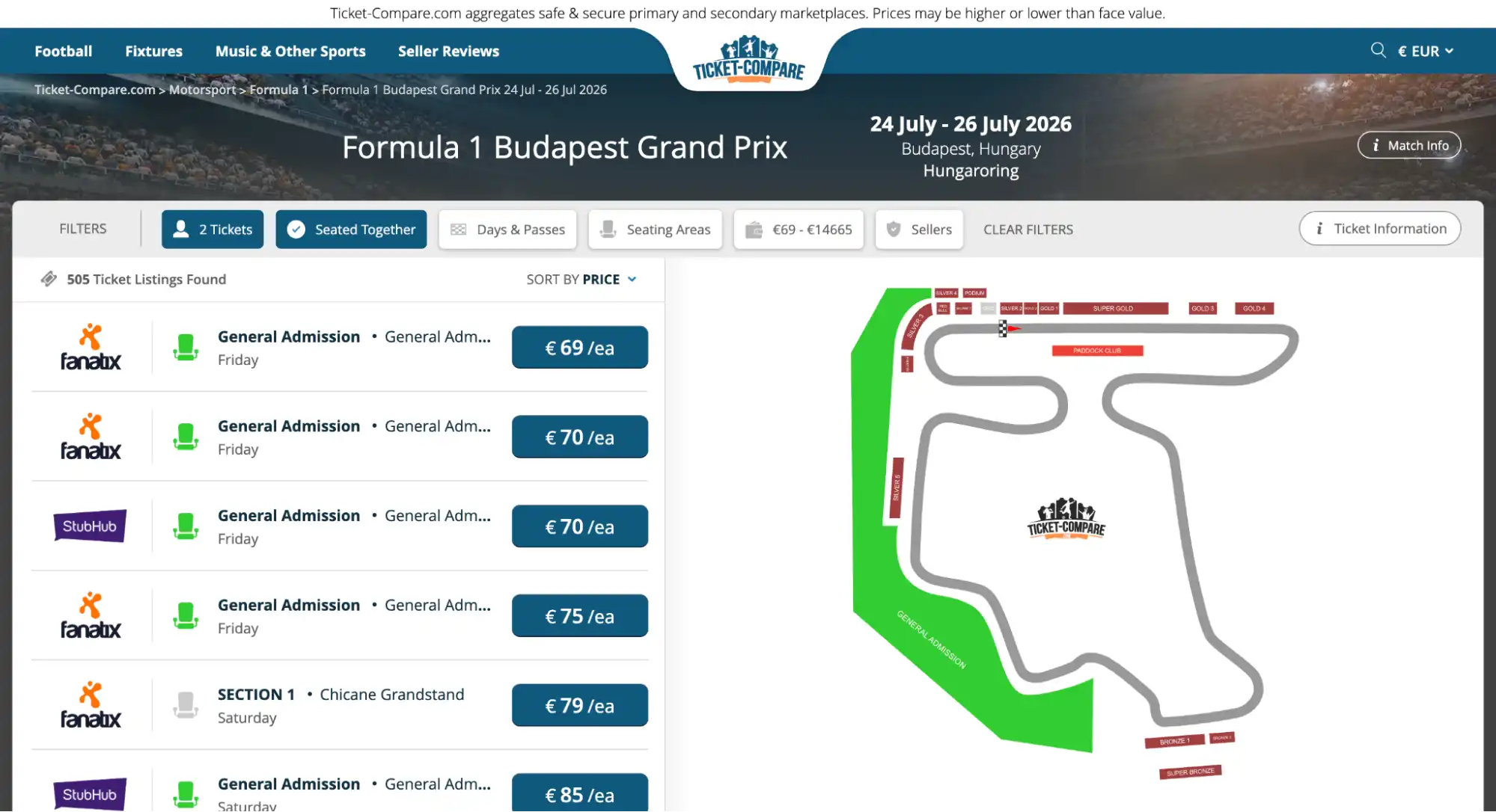 Skärmdump av biljettutbud till Budapest Grand Prix