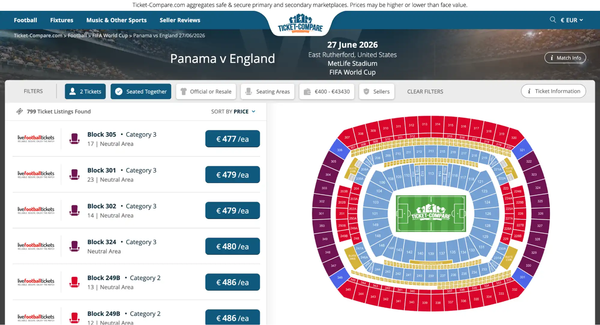 skärmdump av Panama vs England matchbiljettsida
