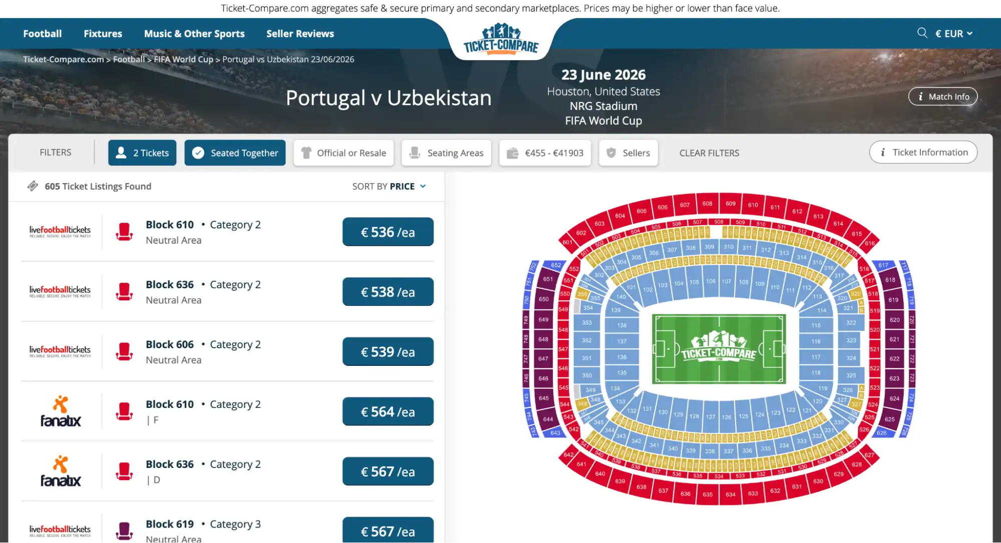 screenshot of Portugal vs Uzbekistan match tickets page