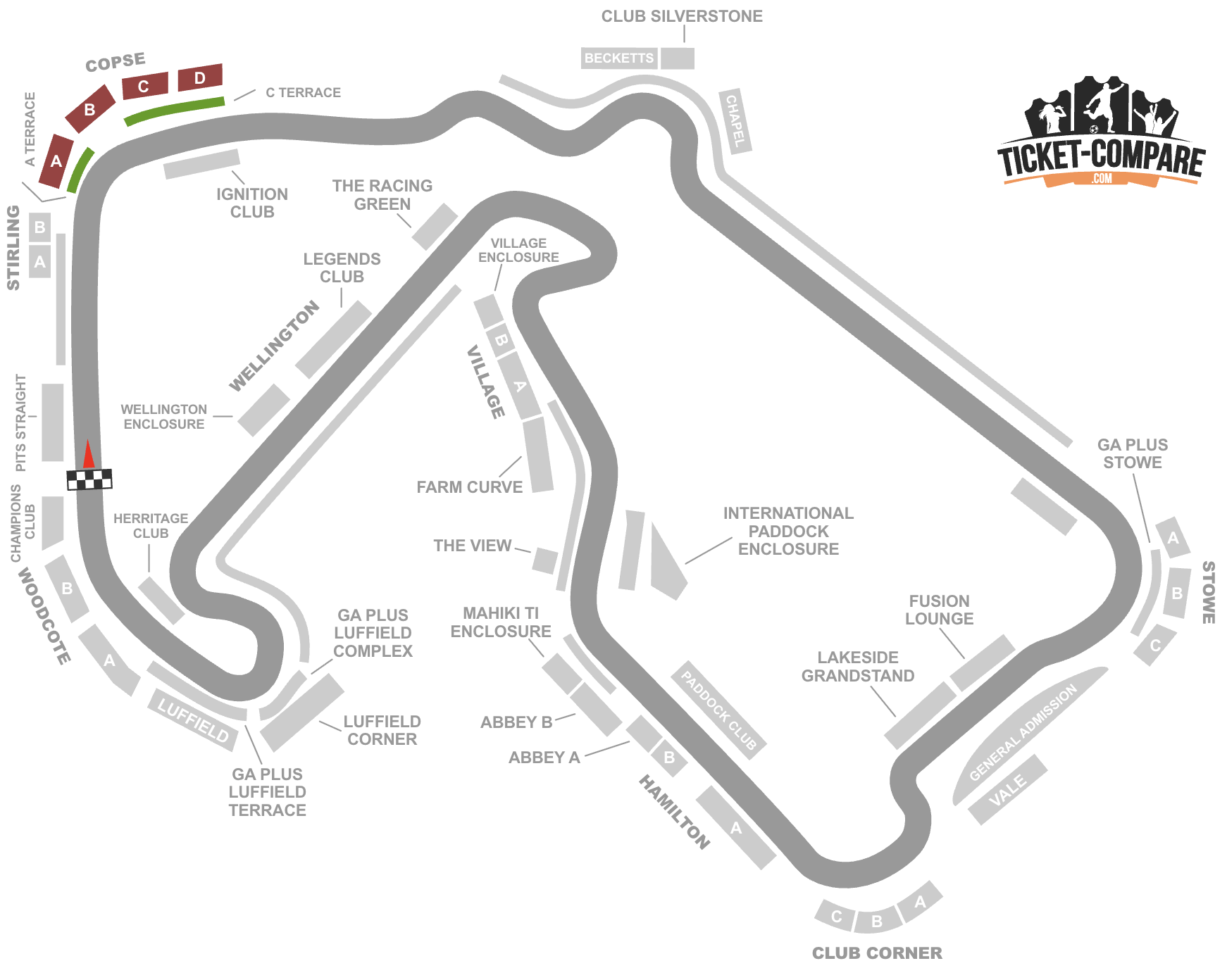 screenshot of Silverstone seating plan with the Copse grandstands highligted