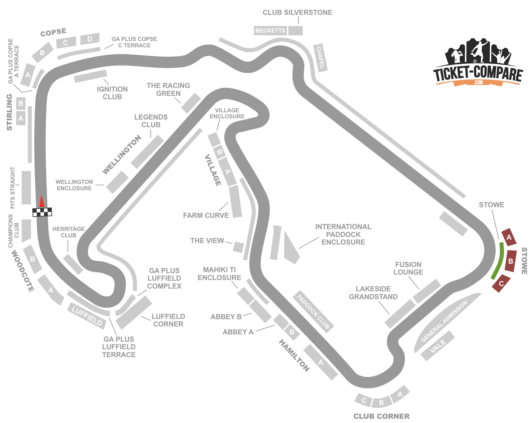 screenshot of Silverstone seating plan with the Stowe grandstands highligted