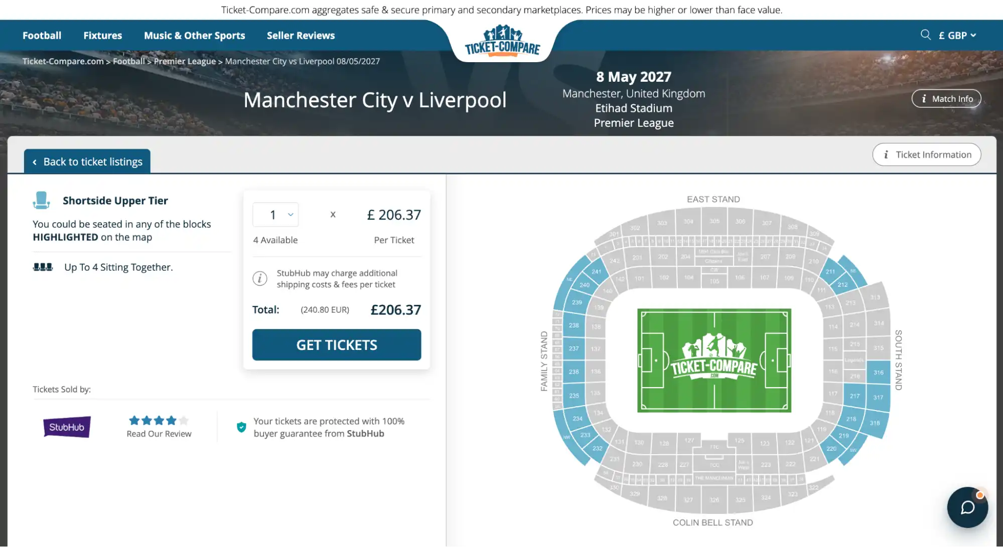 Skärmdump Man City vs Liverpool Övre Kortside