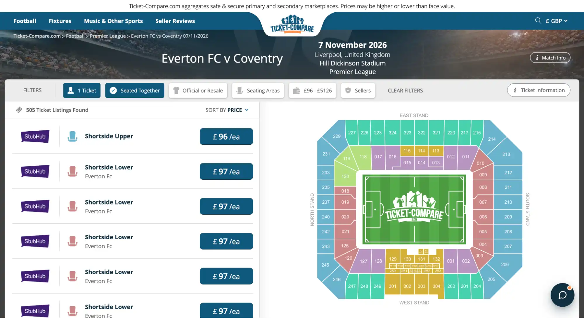 skärmdump Everton FC v Coventry biljettsida