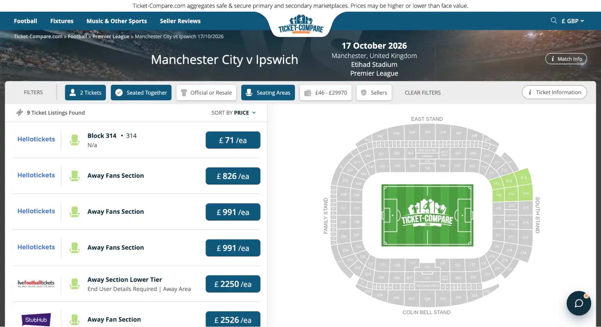 Skärmdump av Manchester City v Ipswich biljett-sida